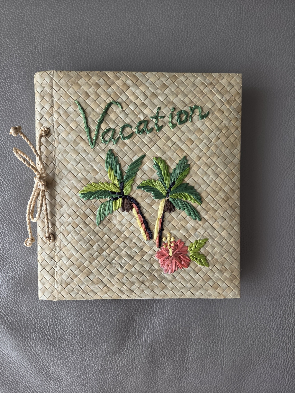 Pottery Barn Natural Woven Vacation Album with Green and Pink Embroidery